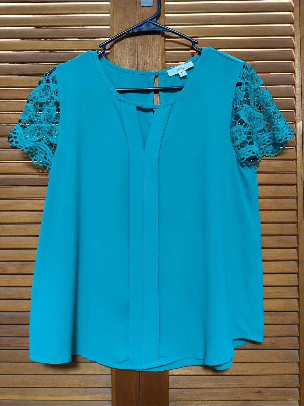 MINE Teal Lace-Sleeve Keyhole Blouse